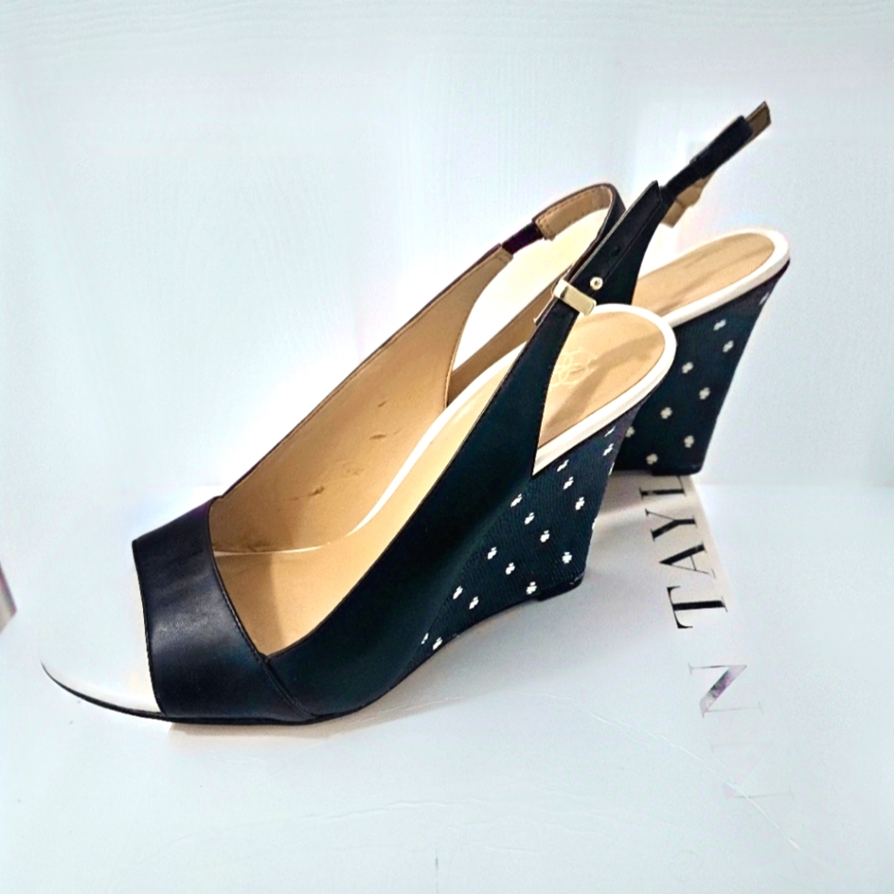 Ann Taylor Black and White Peep-Toe Slingback Wedge Heels